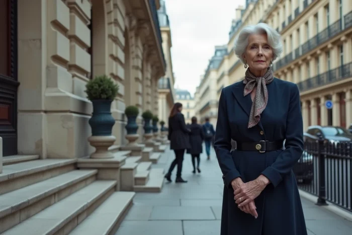Actrice distinguée en robe marine devant un immeuble haussmannien à Paris, portrait éditorial