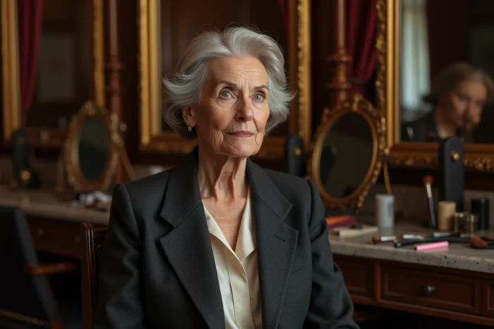 Actrice française élégante dans une loge de théâtre parisien avec miroirs dorés et décor vintage