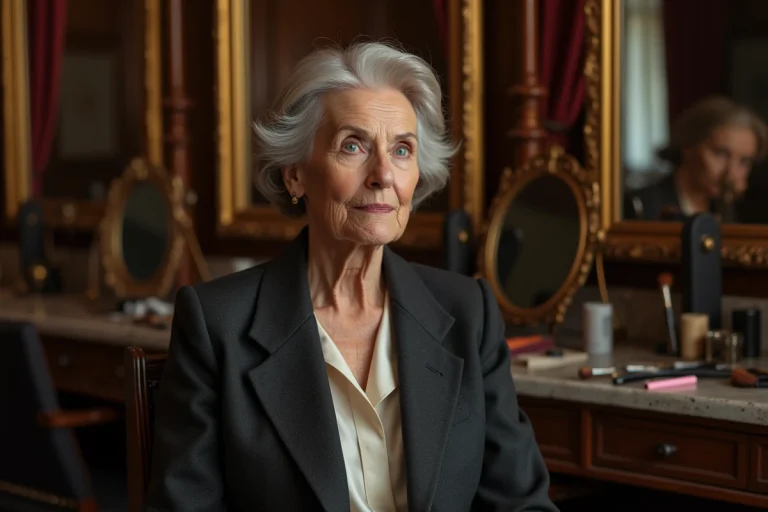 Actrice française élégante dans une loge de théâtre parisien avec miroirs dorés et décor vintage