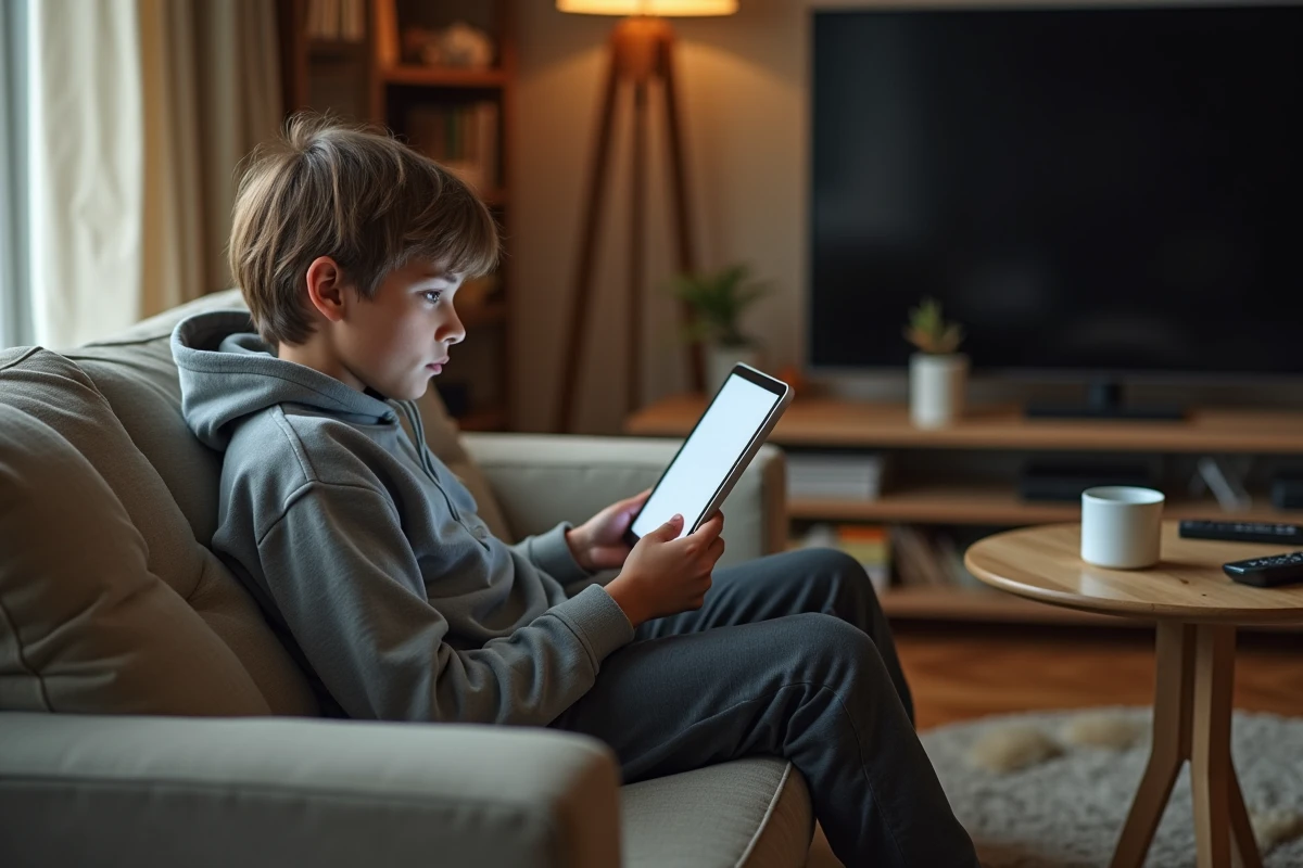 Adolescent sur un canapé regardant une tablette dans un salon