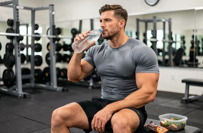 Athlète masculin en salle de sport consommant des compléments alimentaires et une collation protéinée après l'entraînement