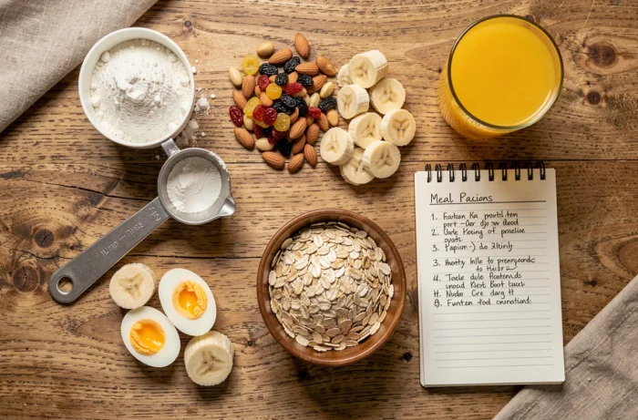Vue aérienne d'aliments sportifs essentiels disposés sur une table en bois incluant protéines, glucides et plan nutritionnel