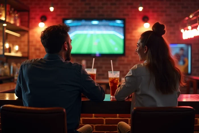 Deux amis regardant un match sportif en direct dans un bar avec un grand écran