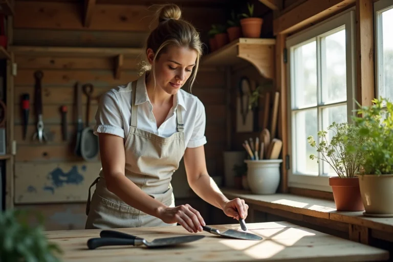 Femme choisissant des outils de jardinage dans un cabanon de jardin en bois