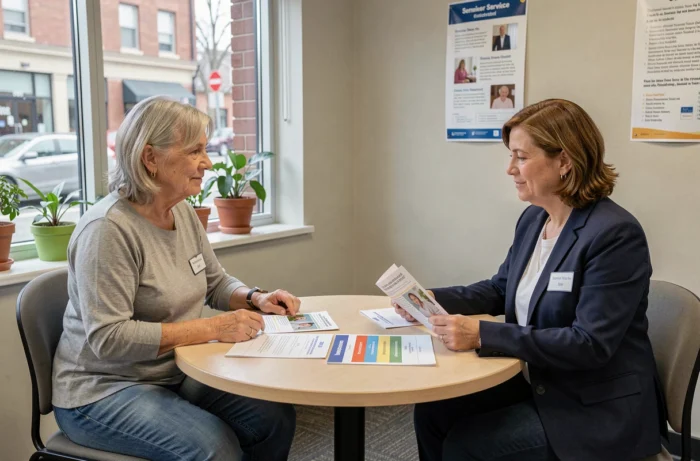 Consultation entre une coordinatrice de services seniors et un membre de la famille comparant les options d'aide à domicile