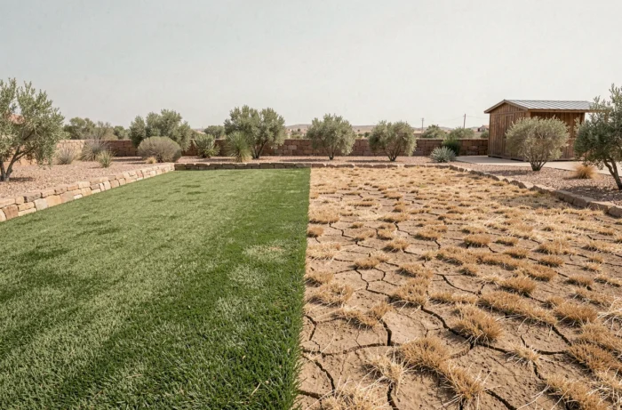 Vue grand angle comparant un gazon résistant à la sécheresse et un gazon classique desséché dans un jardin sec