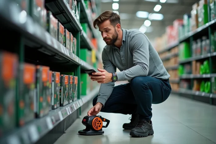 Homme comparant des taille-haies électriques dans un magasin de bricolage