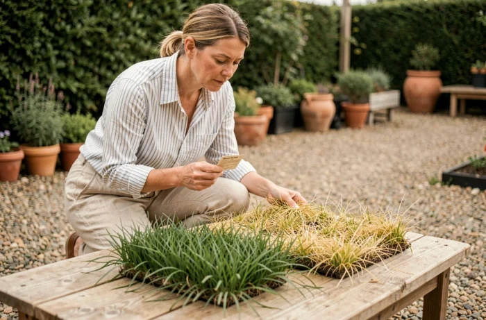 Femme comparant deux variétés de gazon résistant à la sécheresse sur une table de jardin en bois