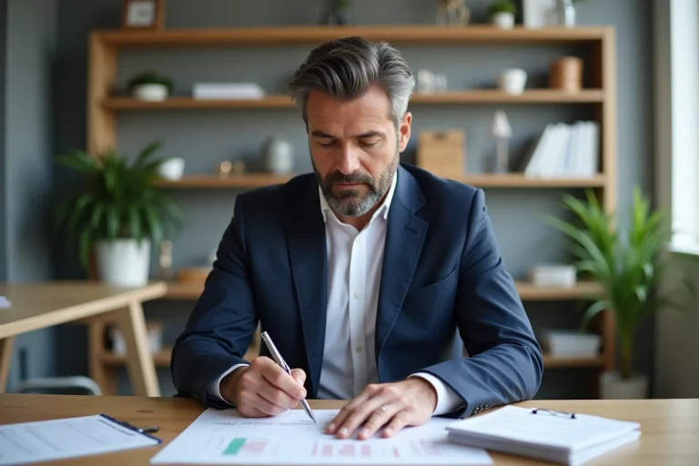 Conseiller financier analysant des documents sur le plan épargne entreprise dans un bureau moderne