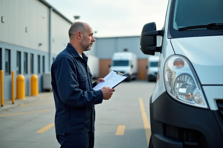 Inspecteur de véhicules en extérieur vérifiant une camionnette blanche