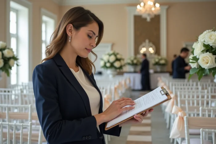 Coordinatrice de mariage consultant une liste de tâches dans une salle de réception décorée en cours de préparation