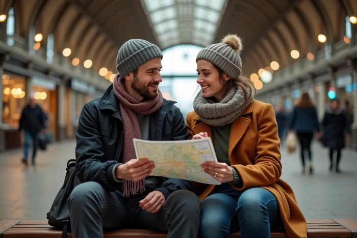 Couple comparant des billets de train à la gare de Lille Flandres avant leur départ