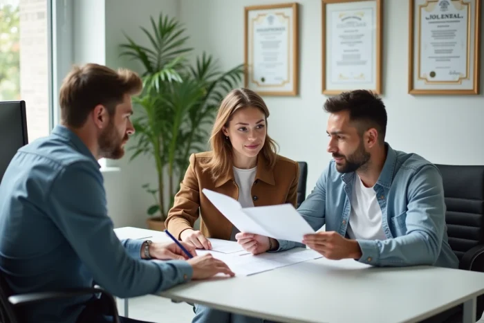 Couple en rendez-vous avec un conseiller en assurance auto dans une agence professionnelle, examinant un contrat ensemble