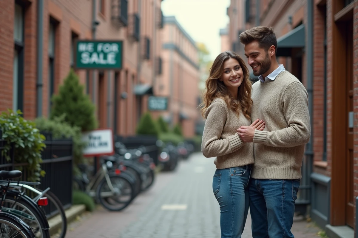Jeune couple examine une annonce immobiliere dans la rue