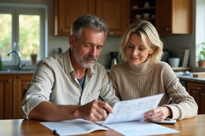 Couple passant en revue leur plan épargne entreprise et les implications fiscales à domicile