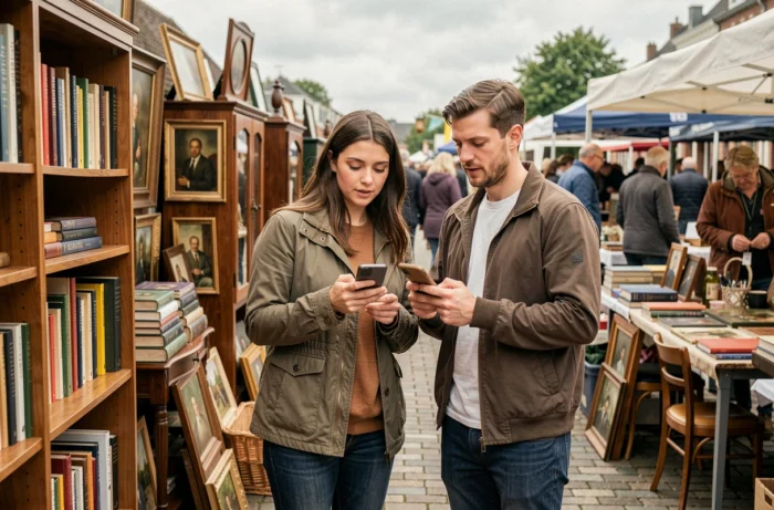 Couple cherchant des meubles d'occasion sur un marché aux puces en Belgique via une application de petites annonces