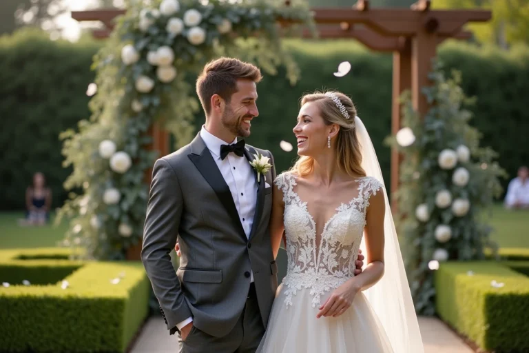 Couple de mariés souriant dans un jardin fleuri décoré d'une arche de roses blanches lors d'un mariage en plein air