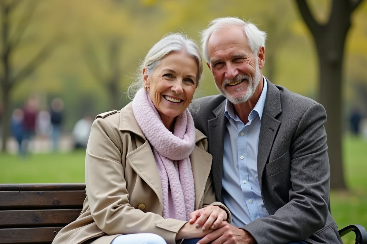 Couple assis sur un banc dans un parc au printemps