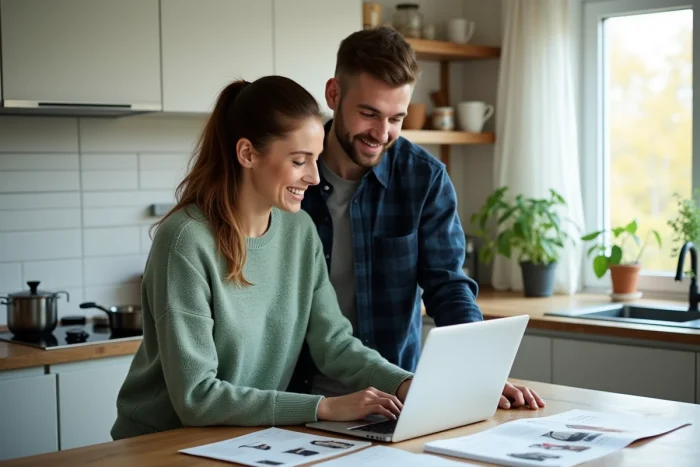 Couple planifiant l'achat d'équipements pour la maison et le jardin autour d'un îlot de cuisine