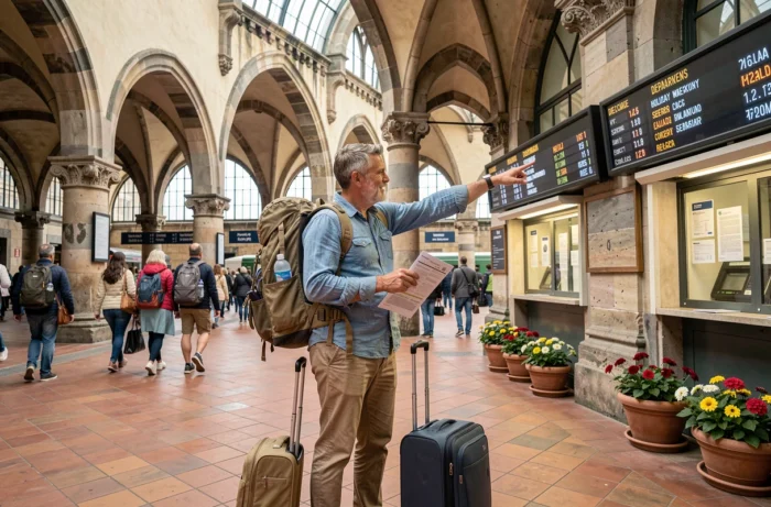 Couple de voyageurs planifiant un week-end prolongé lors des jours fériés 2026 dans une gare européenne