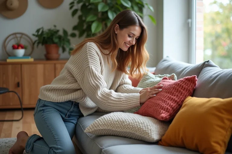 Femme arrangeant des coussins colorés dans un salon moderne