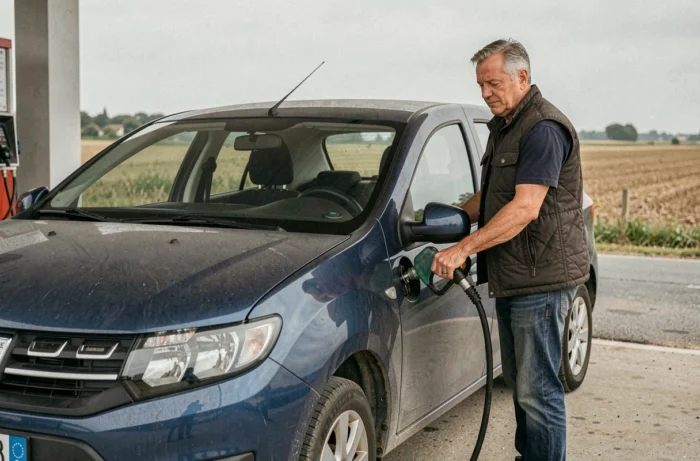 Homme faisant le plein d'une Dacia Sandero bleue dans une station-service de campagne française