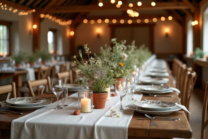 Table de réception de mariage décorée dans une grange rustique avec fleurs sauvages, bougies et vaisselle élégante