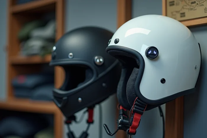 Deux casques moto équipés d'intercoms Bluetooth accrochés côte à côte dans une salle d'équipement