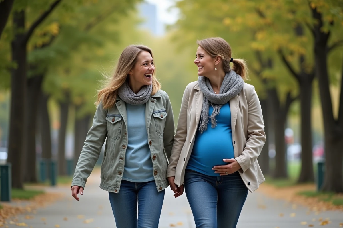 Deux femmes marchant dans un parc en ville en riant
