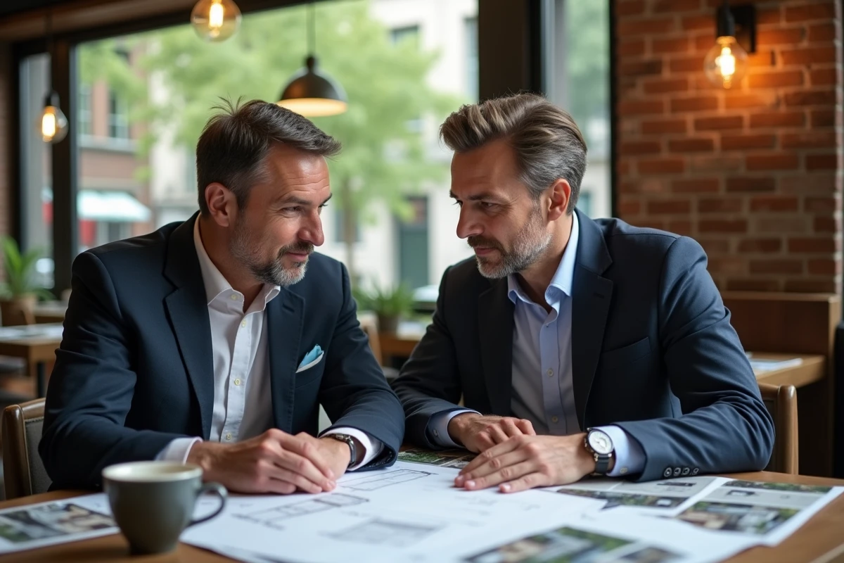 Deux hommes discutant de plans dans un café urbain