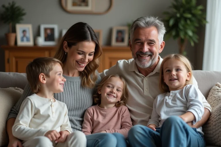 Famille moderne réunie dans un salon parisien chaleureux