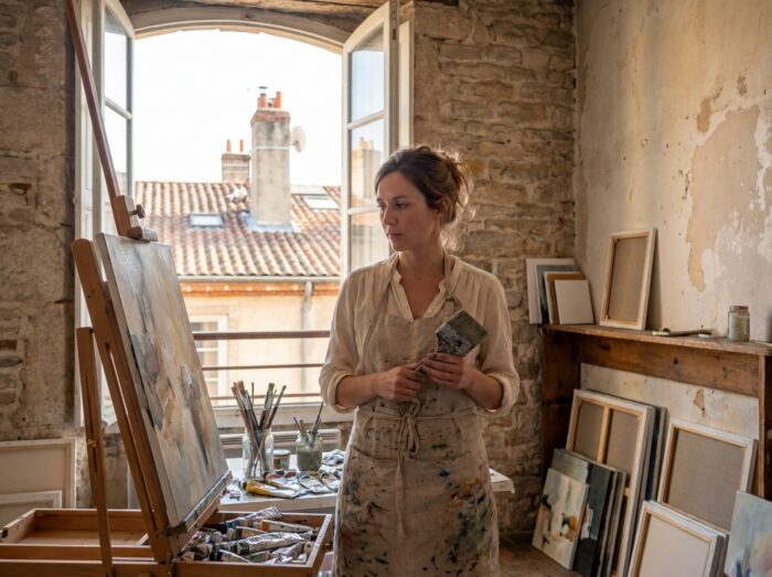 Femme artiste peintre dans un atelier lyonnais aux murs en pierre, tenant un pinceau devant une toile, symbole de reconversion professionnelle vers une carrière artistique