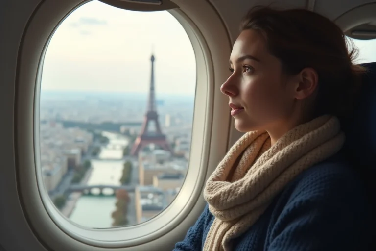 Jeune femme regardant Paris depuis un avion