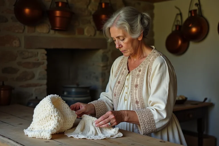 Femme bretonne en costume traditionnel arrangeant la coiffe en dentelle