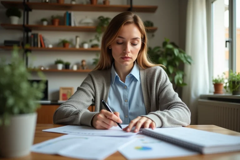 Femme organisée vérifiant ses factures à la maison