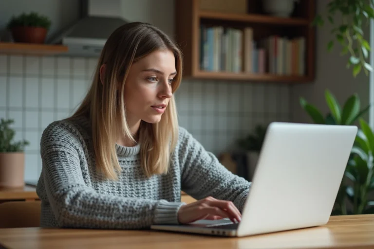 Femme travaillant sur son ordinateur dans une cuisine chaleureuse