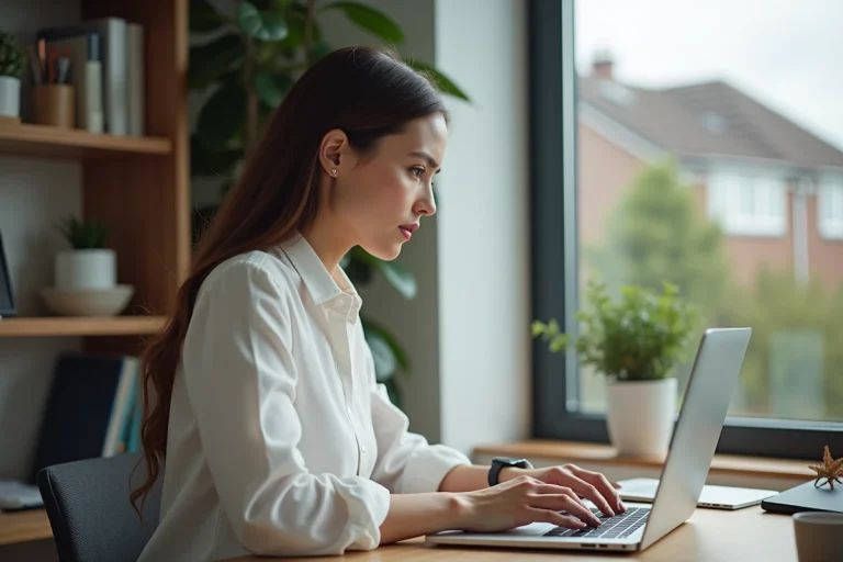 Femme professionnelle au bureau à domicile travaillant sur son ordinateur