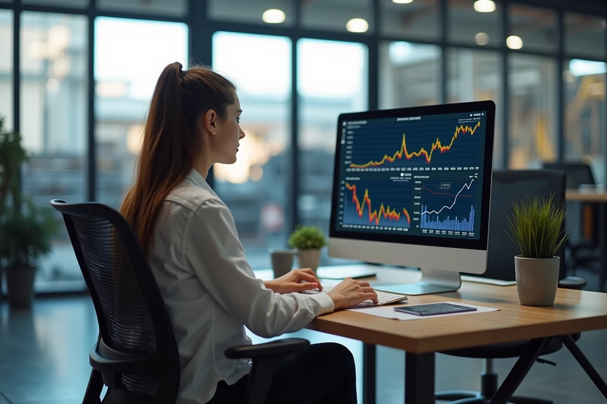 Jeune femme au bureau étudiant des graphiques métalliques