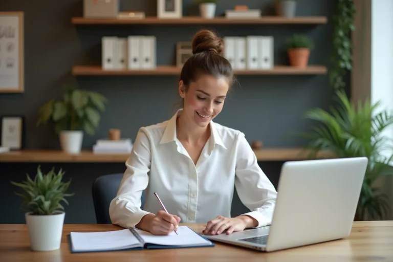 Femme au bureau prenant des notes sur son planner
