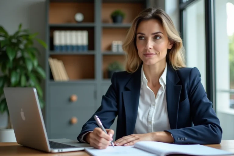Femme confiante au bureau avec ordinateur et livres