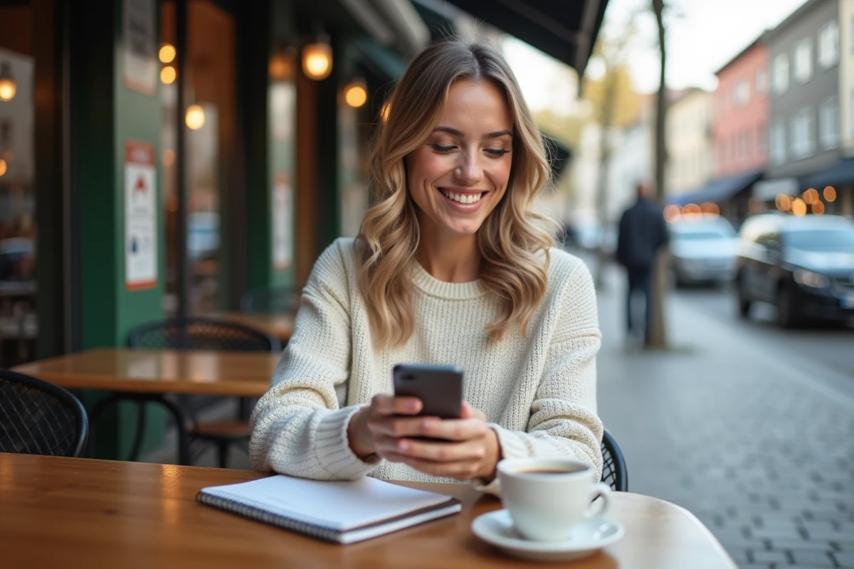 Femme souriante utilisant son smartphone dans un café en extérieur