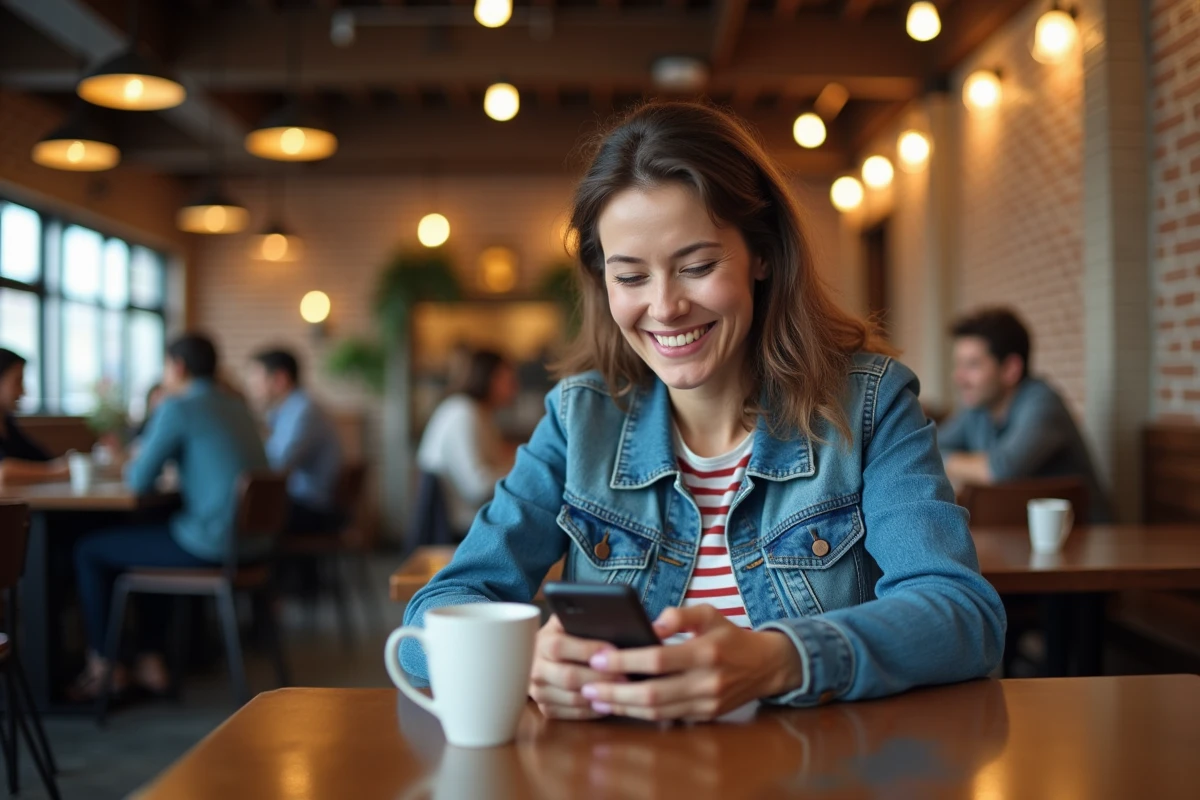 Femme souriante utilisant son smartphone dans un café animé