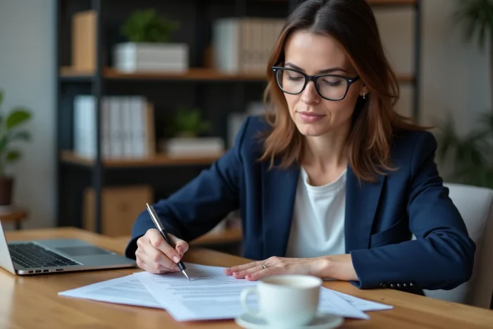 Femme consultant des documents d'assurance auto à son bureau à domicile, stylo en main, en train de comparer des contrats