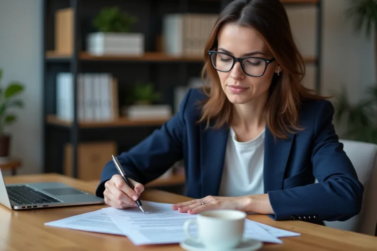 Femme consultant des documents d'assurance auto à son bureau à domicile, stylo en main, en train de comparer des contrats