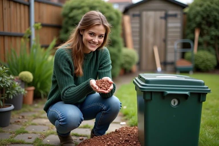 Femme en jardinage avec composteur et galets en potager
