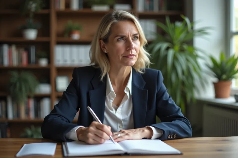 Femme réfléchie en bureau moderne avec carnet et stylo
