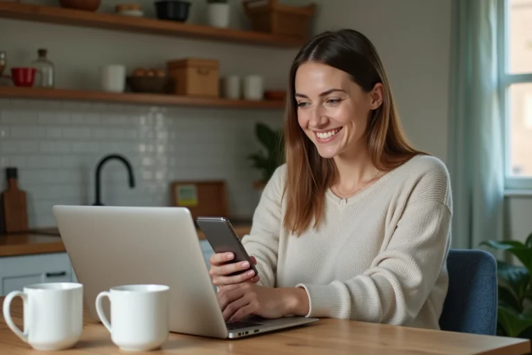 Femme souriante utilisant un code promo en ligne dans sa cuisine