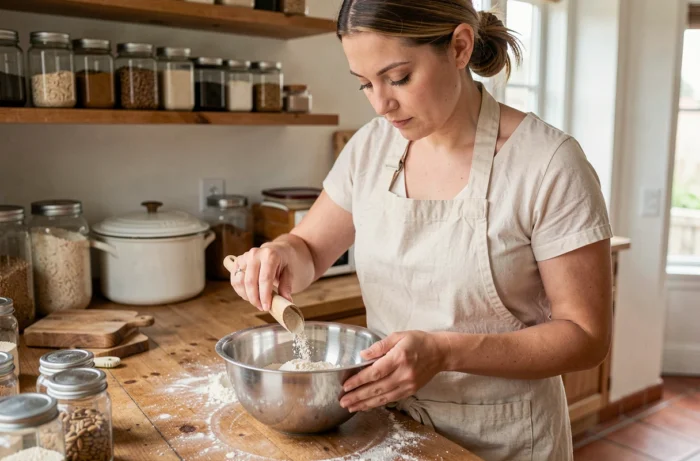 Femme en tablier dosant de la farine dans une cuisine artisanale avec des équipements de qualité