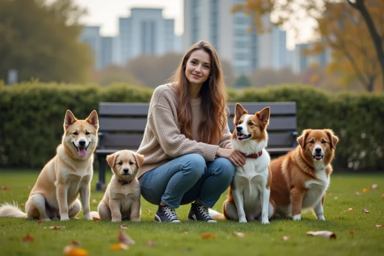 Jeune femme dans un parc urbain avec plusieurs chiens
