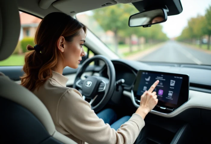 Jeune femme regarde le tableau de bord de sa voiture hybride